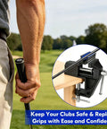 Golfer holding club with All In One Golf Club Regripping Kit With Vise Clamp Rubber Shaft Clamp Hook Blade Grip Solvent And Repair Tools