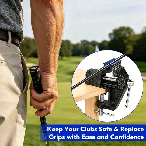 Golfer holding club with All In One Golf Club Regripping Kit With Vise Clamp Rubber Shaft Clamp Hook Blade Grip Solvent And Repair Tools