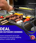 Four Foot 0 To 30 Psi Adjustable Propane Regulator With QCC1 Type1 And Three Eighths Inch Flare Hose in use with a grill cooking food