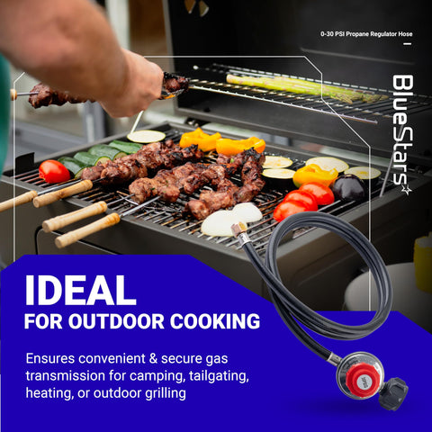 Four Foot 0 To 30 Psi Adjustable Propane Regulator With QCC1 Type1 And Three Eighths Inch Flare Hose in use with a grill cooking food