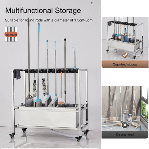 Mop And Broom Holder With Wheels For A Grab And Go Cleaning Cart That Keeps Tools Dry Detachable Stainless Steel Tray