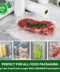 Durable Multi Layer BPA Free Vacuum Sealer Bags Rolls Set With food stored in vacuum bags, including meat and vegetables.
