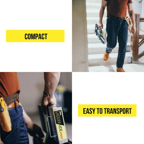 Person carrying Ladder Aide Pro Foldable Ladder Leveler And Stabilizer For Single And Extension Ladders up stairs, compact design.