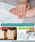 Hands pressing on 16 Pack 18 By 23 Inch Expanding Packing Foam Bags For Shipping Electronics And Fragile Items Instant Expansion
