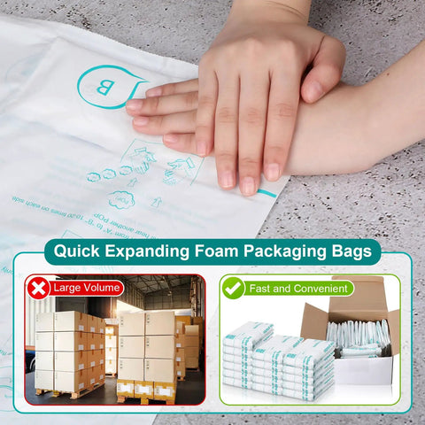 Hands pressing on 16 Pack 18 By 23 Inch Expanding Packing Foam Bags For Shipping Electronics And Fragile Items Instant Expansion