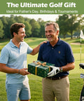Two men on golf course exchanging a wrapped box, with golf equipment and a lush green backdrop.