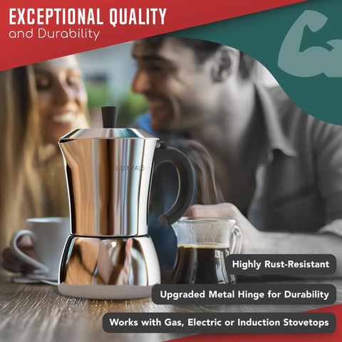 Stainless Steel Moka Pot, 6 Cup Espresso Maker For Gas, Electric Or Induction Stoves, 12oz Brew on countertop
