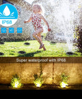 Child playing near sprinklers with 12 Pack Solar Powered Ground Lights for Outdoor Garden, IP68 Waterproof Disk Landscape Lights.