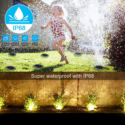 Child playing near sprinklers with 12 Pack Solar Powered Ground Lights for Outdoor Garden, IP68 Waterproof Disk Landscape Lights.
