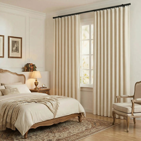 Ceiling Curtain Track System For Bedroom And Living Room, 6 To 9 Feet, Wall Or Ceiling Mounted Rail With Hooks And Easy Install, Black Finish, Snug Gap Free Fit With Embedded Screw Fixed Connector To Prevent Misalignment on bedroom window with beige curtains