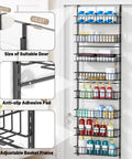 Eight Tier Pantry Door Organizer In Black Super Sturdy Over The Door Storage Bins showcasing adjustable brackets and anti-slip pad.