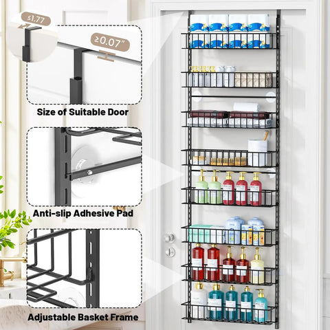 Eight Tier Pantry Door Organizer In Black Super Sturdy Over The Door Storage Bins showcasing adjustable brackets and anti-slip pad.