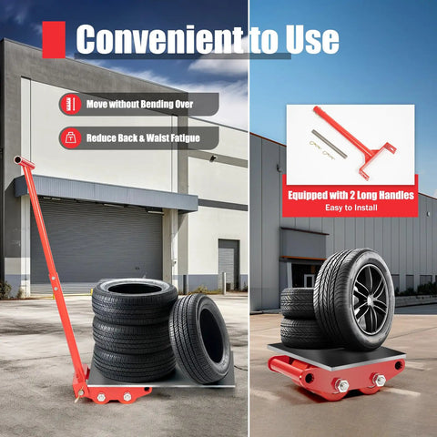 Heavy Duty 4 Pc Machinery Mover Skates With Steering Handles moving stacked tires on a solid platform in a warehouse setting.