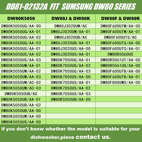 Compatibility chart for Replacement Dishwasher Door Latch For Samsung Models, showing DW80 series model numbers.
