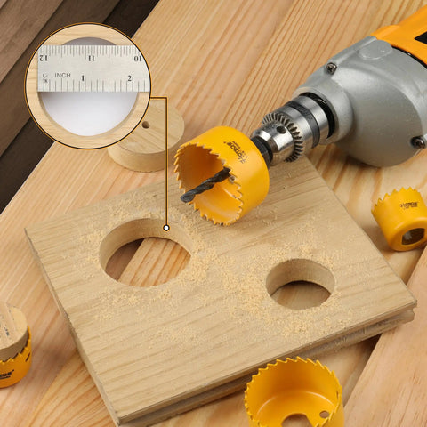 Super Cool 15 Piece Hole Saw Set With 12 Sizes From 3 4 Inch To 3 Inches Plus Two Heavy Duty Arbors And Hex Key For Wood Plastic Soft Metal Home DIY Projects Make Cutouts A Breeze. Hole saw cutting 2-inch and smaller holes in wood with drill and arbor.