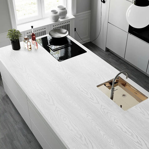 White Wood Textured Peel And Stick Wallpaper For Countertops Cabinets Desks And Furniture Silver Wood Grain Vinyl 15.7 Inch Wide By 354 Inch Long Roll Durable Matte Finish Easy Self Adhesive Cover on kitchen countertop
