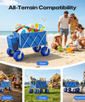 Ten Point Five Inch Balloon Wheel Beach Wagon on sand, grass, and gravel, showcasing all-terrain capability for family trips.