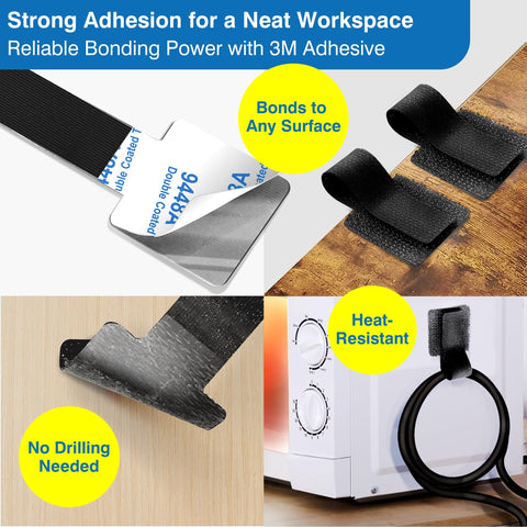 Ultimate Cable Management Kit With 40 Self Adhesive Hook and Loop Ties And 2 Extension Straps securing cables on wall.
