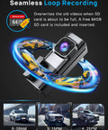 Front And Rear 4K Dash Cam With 64GB Card Built In 5G WiFi 4K Front And 1080P Rear Loop Recording Gravity Sensor 24 Hours Parking Mode Night Vision Car Cam For Safe Driving, featuring seamless loop recording with multiple car images and free 64GB SD card inserted.
