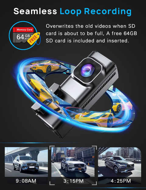 Front And Rear 4K Dash Cam With 64GB Card Built In 5G WiFi 4K Front And 1080P Rear Loop Recording Gravity Sensor 24 Hours Parking Mode Night Vision Car Cam For Safe Driving, featuring seamless loop recording with multiple car images and free 64GB SD card inserted.