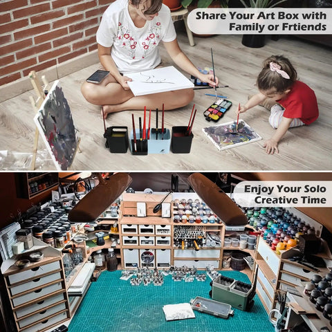 Top view shows a family using a modular painting station; bottom view shows a solo setup of the Portable All In One Miniature Painting Station With Wet Palette Tray, Brush Cleaner And Holders, Modular Storage For Warhammer Miniatures And Acrylics, Easy Setup For On The Go Painting.