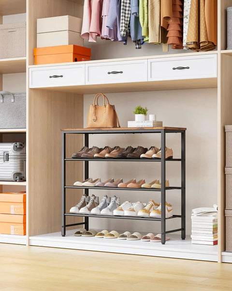 Super Slim Four Tier Shoe Rack For Closet Saves Major Floor Space And Stays Slick Brown, Footwear Organizer Holds All Of Your Kicks Easily While Featuring A Spacious Top Shelf For Storage Gear, Making This A No Sweat Home Organization Win For Sure