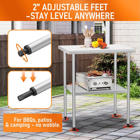 Stainless Steel Work Table 24x30 with Adjustable Undershelf and Backsplash Commercial Grade 430 Stainless Steel in outdoor BBQ setup.