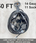 Coiled Beefy 50 Foot 14 Gauge Heavy Duty Extension Cord with Eleven Evenly Spaced Sockets NEMA 5 15P to NEMA 5 15R