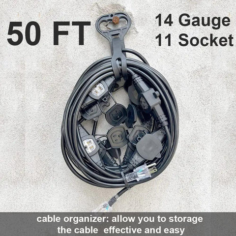 Coiled Beefy 50 Foot 14 Gauge Heavy Duty Extension Cord with Eleven Evenly Spaced Sockets NEMA 5 15P to NEMA 5 15R