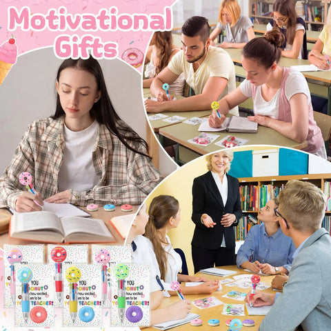 Must Have 36 Donut Shaped Gel Pens Set For Back To School Gifts in classroom, teacher and students using donut pens.