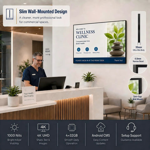 Heavy Duty 65 Inch Wall Mounted Digital Signage Display 4K Menu Board Indoor Commercial Business Advertising Screen Built Tough Bright Promotional Monitor With No Sweat Setup in a modern clinic lobby.