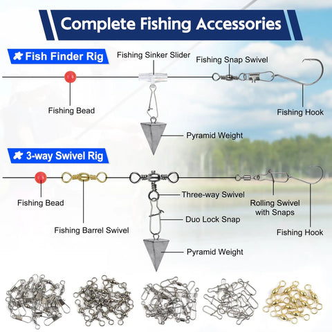 All In One 175 Piece Fishing Swivels Kit With Barrel And Ball Bearing Swivels 3 Way Swivels Coastlock Snaps Safety Snaps Rolling Barrel Snaps Duo Lock Terminal Tackle Gear For Lures And Sinkers Tackle Box Ready, fishing rig parts layout