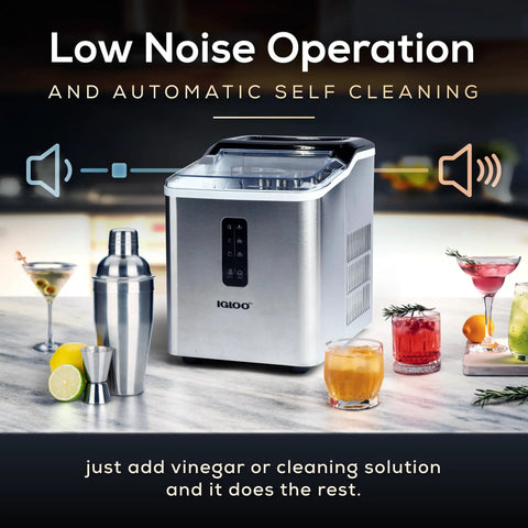 Compact Stainless Steel Ice Maker Cranks Out 26 Pounds Daily With Auto Clean Function And Led Display for cocktails and smoothies.