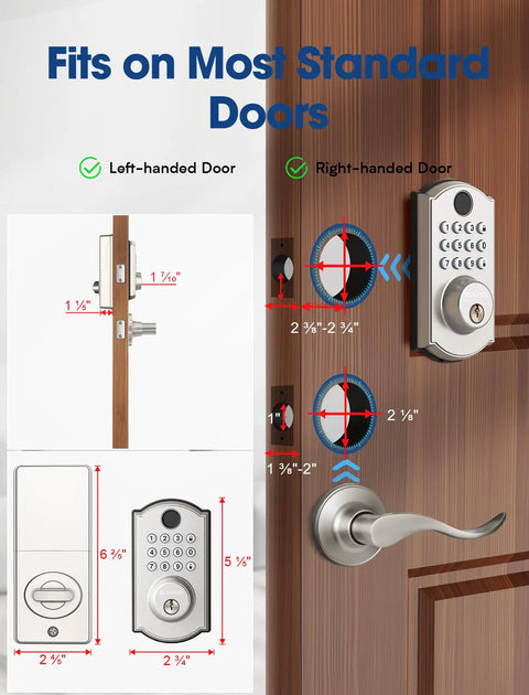 Installation guide for Super Tough Smart Fingerprint Door Lock With Dual Lever Handles on standard doors with dimensions