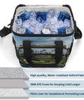 Heavy Duty Insulated Cooler Bag With Leakproof Design showing open top with ice and drinks, highlighting Oxford fabric and foam layers.
