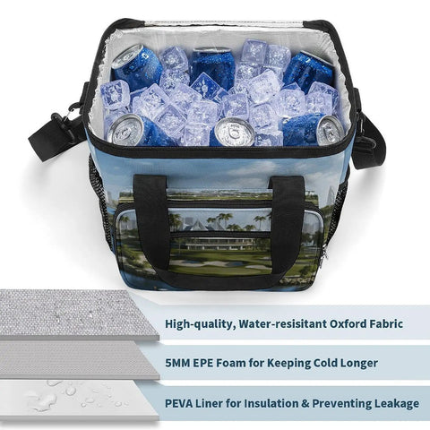 Heavy Duty Insulated Cooler Bag With Leakproof Design showing open top with ice and drinks, highlighting Oxford fabric and foam layers.