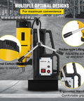 Details of Gotta Power, This Bad Boy 1200W Magnetic Drill Press's external carbon brush and ergonomic handle features.