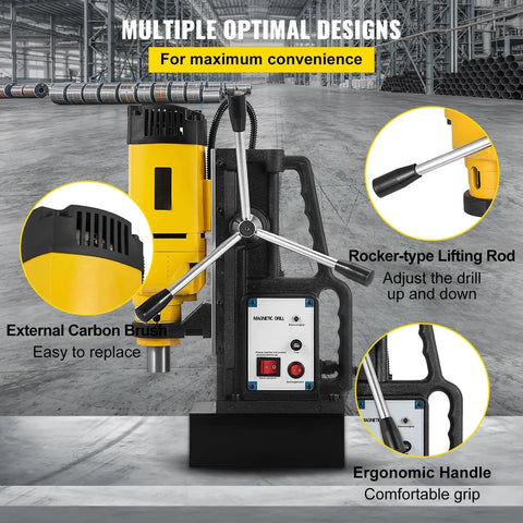 Details of Gotta Power, This Bad Boy 1200W Magnetic Drill Press's external carbon brush and ergonomic handle features.