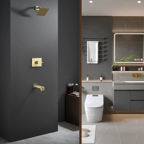 All In One Bathtub And Shower System In Brushed Nickel, Includes 4 Inch Shower Head, 6 Inch Shower Arm, Brass Mixer Valve in modern bathroom