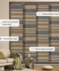 Adjustable Sliding Panel Track Blinds for Large Windows and Patio Doors, natural woven shades, 45.8 to 86 inches wide, installed.