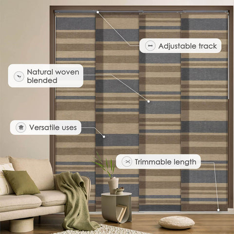 Adjustable Sliding Panel Track Blinds for Large Windows and Patio Doors, natural woven shades, 45.8 to 86 inches wide, installed.