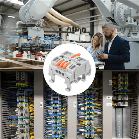 Heavy Duty DIN Rail Terminal Blocks 4 Pack Quick Push Wire Connectors 1 In 3 Out Splitter 32A Rated shown in electrical panel setup.