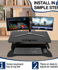 32 Inch Standing Desk Converter With Dual Monitor Setup in home office, keyboard tray, wide 2 tier desk surface, black.