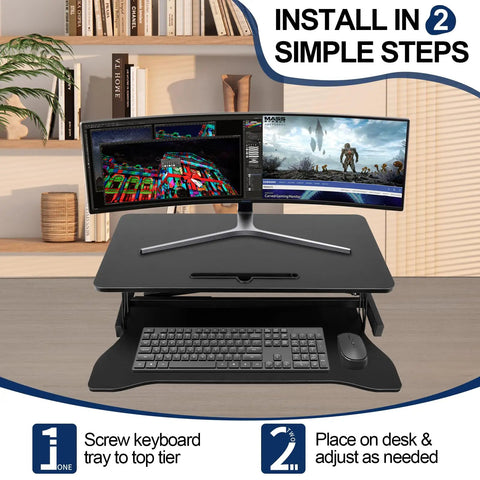 32 Inch Standing Desk Converter With Dual Monitor Setup in home office, keyboard tray, wide 2 tier desk surface, black.