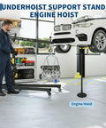 Heavy Duty Folding Hydraulic Engine Hoist And Underhoist Support Stand Combo Two Ton Adjustable Boom in garage with engine.