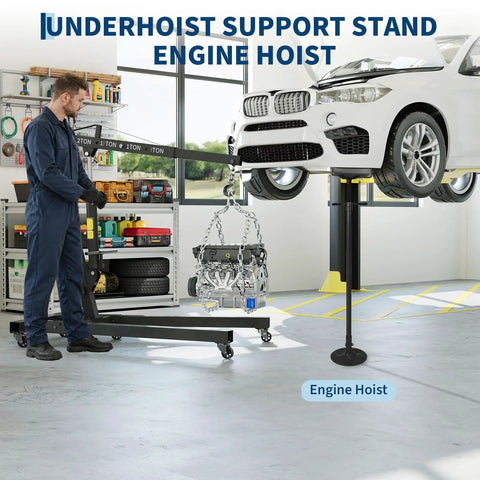 Heavy Duty Folding Hydraulic Engine Hoist And Underhoist Support Stand Combo Two Ton Adjustable Boom in garage with engine.