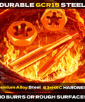 52-Piece Jumbo Metric Tap And Die Set For Internal And External Threading M6x0.75 To M24x3.0 in premium alloy steel, flames background