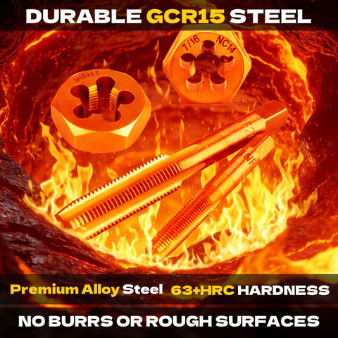 Close-up view of durable GCR15 steel taps from Beefy Heavy Duty 52 Piece Large SAE Tap And Die Set For Auto Shop And Home Garage 1/4-20 To 1-14 Thread Repair Kit With Rethreading Tools And Thread Chasers For Internal And External Threads.
