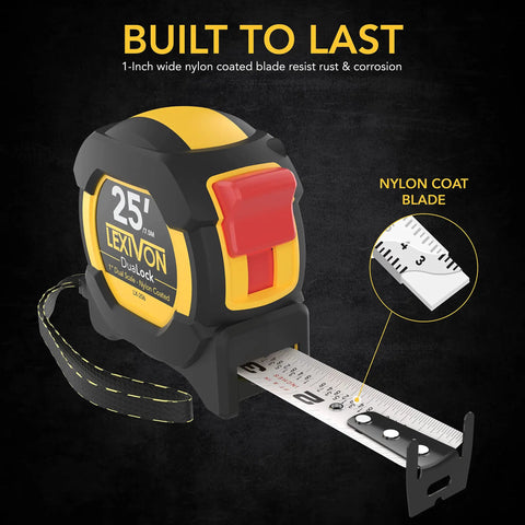 Two Pack 25 Foot Tape Measure With 1 Inch Nylon Coated Blade Dual Sided Matte White And Yellow Print Feet Inches Fractions And Metric True Zero Hook Heavy Duty Anti Skid Case For Quick Measurements.