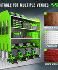 Power Tool Organizer Wall Mount With Charging Station 4 Tier Garage Storage Rack With 4 Cordless Drill Holders in green.